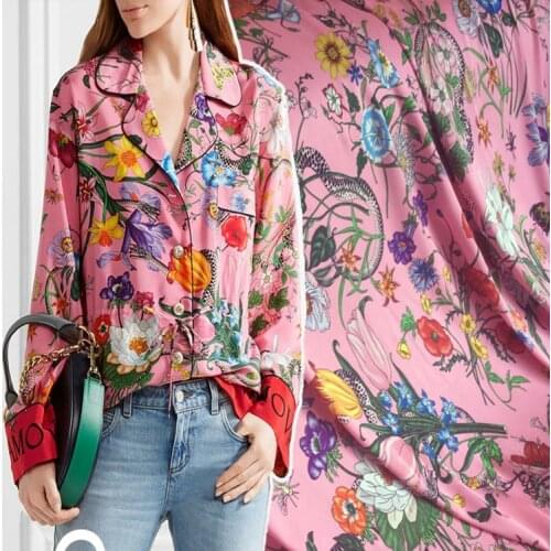 145cm*100cm designer fabric Pink snake and flower pattern digital printing fabric womens fashion satin pajama fabric