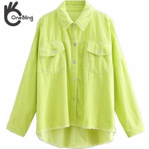OneBling Za Woamn 2021 Autumn Winter Traf Thick Neon Green Corduroy Shirt Drop Shoulder Loose Casual Blouses Button Front Jacket