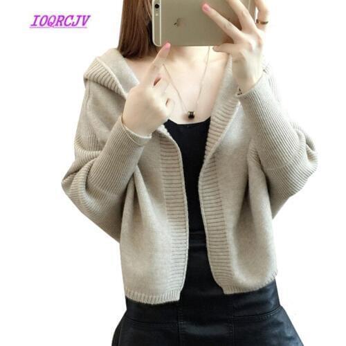 2018 spring short Cardigan jacket Knit sweater Womens Loose Hooded Outerwear Bat sleeve Small shawl Long sleeve Knit coat B073