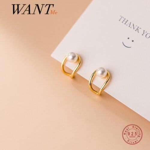 WANTME Genuine 925 Sterling Silver Geometric Hollow Pearl Korean Small Stud Earrings for Women Sweet Romantic Party Jewelry Gift