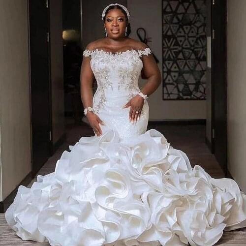 YIWUMENSA Black Girls African Mermaid Wedding Dresses With Organza Tiered Cascading Ruffles Skirt Bride Celebrity Bridal Gowns