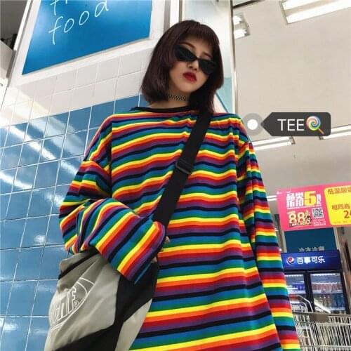 NiceMix Tshirt Women O-neck Tees Shirt Long Sleeve Harajuku Streetwear Korean Causal Loose Rainbow Striped T-shirt For Women
