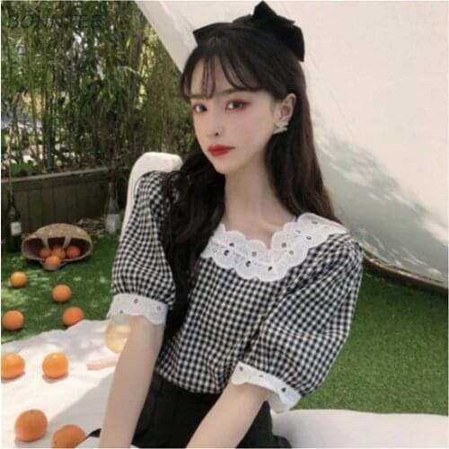 Shirts Women Plaid Mujer De Moda Korean Style Hipster Lace Fashion Sweet Preppy Students Simple Ropa Summer High Street Female