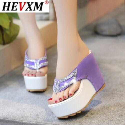 2021 Womens Summer Shoes Woman Rhinestone Flip Flops Spuer High heels Wedges Platform Fashion Beach Sandals Zapatos Mujer