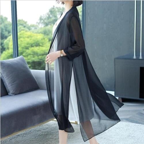 2021 Summer Women Chiffon Long Cardigan V-Neck Solid Loose Tops Blouses OL Shirts Black White Red