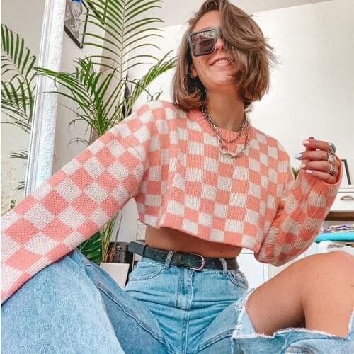 High Street Sweaters Fashion Pink White Plaid Sweater 2021 New Streetwear Knitted Sexy Short Sweaters Tops Y2k Women Pullovers