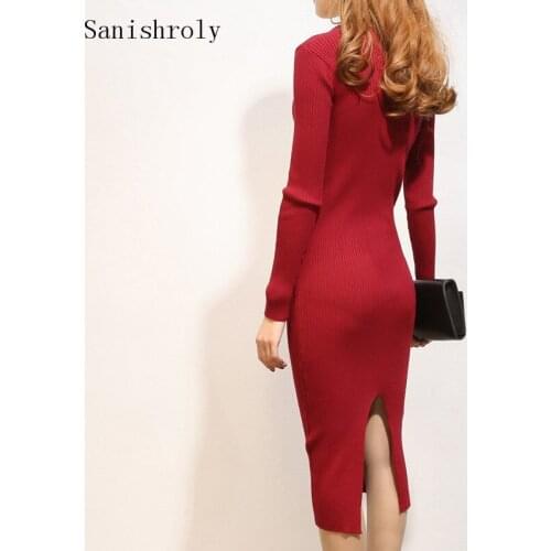 Split Sweater Dress Autumn Winter Women O Neck Sheath Knitted Dress Long Pullovers Female Long Sleeve Bottoming Bodycon Dresses