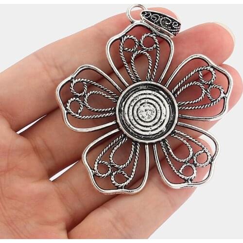3PCS Antique Large Hollow Filigree Flower Star Charms Pendants Round Blank 18mm Cameo Cabochon Settings for Necklace