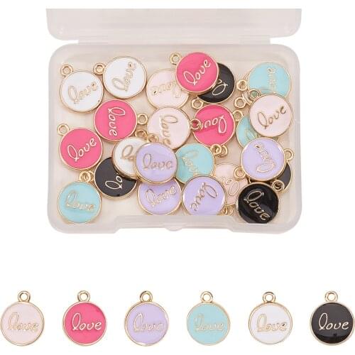 30Pcs/box Alloy Enamel Flat Round With Word Love Charms Pendants for Women DIY Necklace Earrings Jewelry Making Accessories