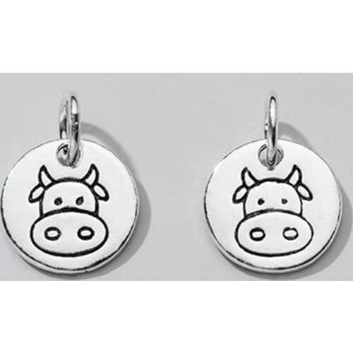 925 Sterling Silver Fashion Round Cow Pattern Tag Charm 10mm Retro Handmade Bracelet Necklace Silver Pendant DIY Jewelry Making