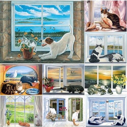 5D DIY Diamond Painting Full Square Round Drill Cute Cat Diamond Embroidery Window Scenery Cross Stitch Crafts Home Decor Gift