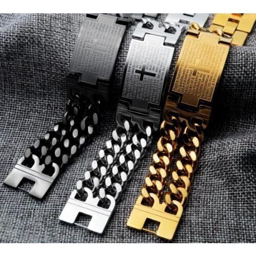 FREE SHIPPING Jewelry stainless steel cuban curb chain Cross ID Bracelet 22MM WIDE .22cm lenght 8.66'' Gold black Punk