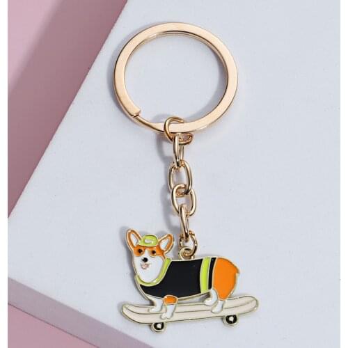 New Lovely Skateboarding Corgi Keychain Dog Key Ring Enamel Key Chains Animal Lover Gifts For Women Men DIY Jewelry Handmade