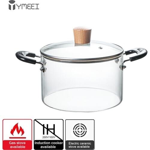 YMEEI 2L Household Glass Cooking Pot Heat-resistant Soup Pot Transparent Salad Instant Noodle Bowl Kitchen Cookware Saucepan