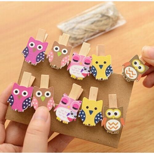 Kawaii Owl Wooden Clip Photo Paper Craft DIY Clips with Hemp Rope FOD Craft Pegs Cloth Photo Hanging Spring Clips pinch