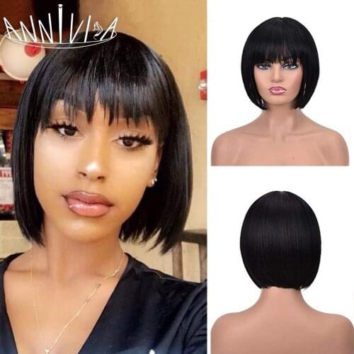 Short Bob Wig With Bangs Straight Synthetic Hair Glueless Cosplay Wig For Black/White Women Heat Resistant Hair 8inch Annivia