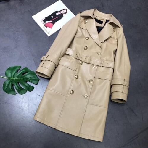 Maylofuer genuine leather jacket women coat fashion long jackets for spring winter long sleeves with belt Double-breasted