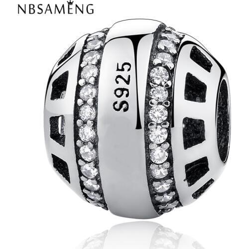 NBSAMENG 100% 925 Sterling Silver Bead Charm Hollow Vintage Crystal Beads Fit Women Bracelets & Bangles DIY Jewelry