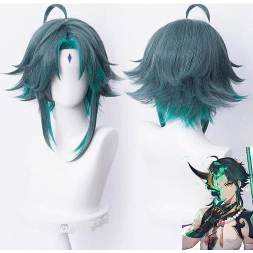 Genshin Impact Xiao Wig Cosplay Dark Green Synthetic Short Straight Heat Resistant Hair Adult Women Free Wig Cap Random Stickers