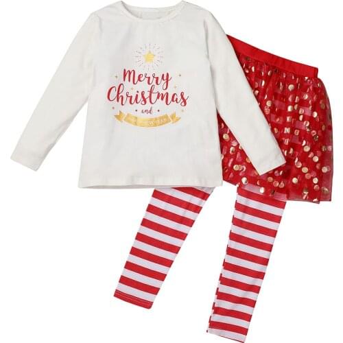 Christmas Baby Girl Shirt Striped Pants, Round Collar Long Sleeve Pullover, Sequined A-Line Mesh Skirt Leggings 3Pcs Outfit 4-9Y