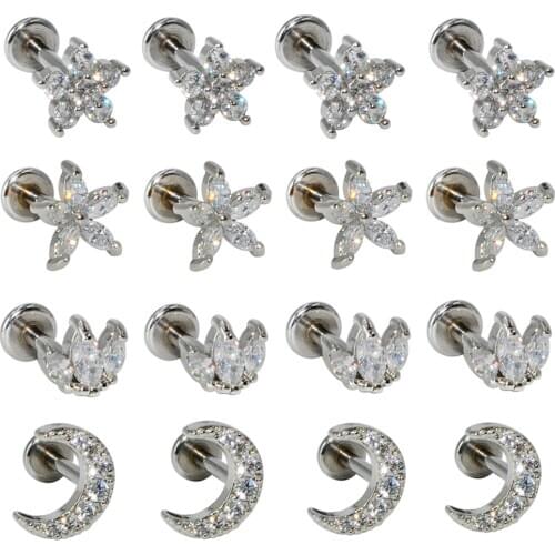 4pcs/lot Titanium & Steel CZ Gem Ear Tragus Cartilage Helix Earring Labret Lip Ring Ear Stud Wholesale Body Piercing Jewelry 16g