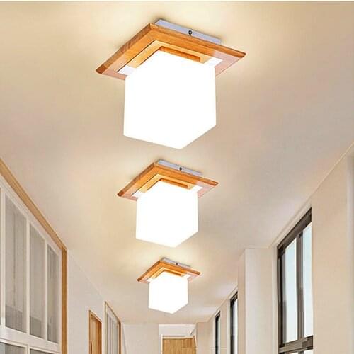 Modern Led Ceiling Lamp For Bedroom Living Room Corridor Home Lighting Cylinder Cube Wood Glass Indoor E27 Ceiling Light Fixture