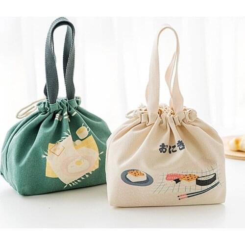Japanese Style Lunch Bags For Women Kids Picnic Camping Cartoon Drawstring Button Portable Canvas Handbag Lunch Box Organizer