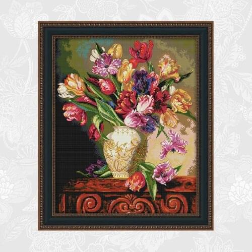 Tulip Vase DIY Handwork Cross Stitch Kits 11CT 14CT Printed On Canvas DMC Embroidery Semi-finished Sets Needlework Crafts