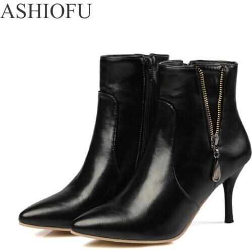ASHIOFU Handmade Women High Heel Boots Pointed Toe Party Prom Ankle Boots Winter Fashion Dress Evening Short Boots Shoes