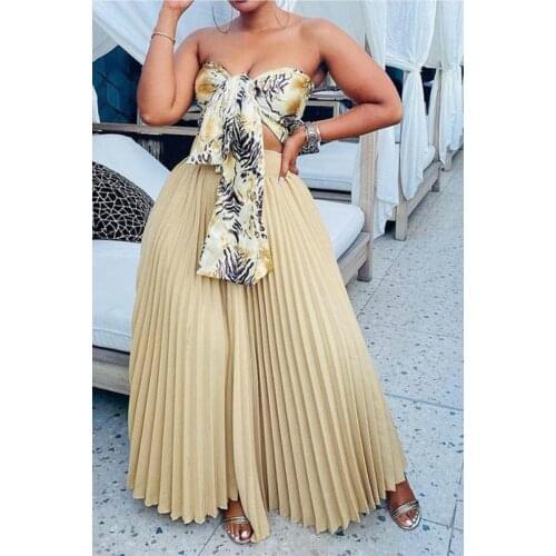 Elegant Two Piece Set For Women Sleeveless Crop Tops High Waist Pleated Long Skirt Female Sets 2021