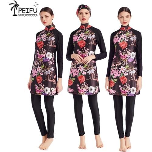 PEIFU Women Printing Floral Muslim Swimwear Hijab Muslimah Islamic Swimsuit Swim Surf Wear Sport Burkinis