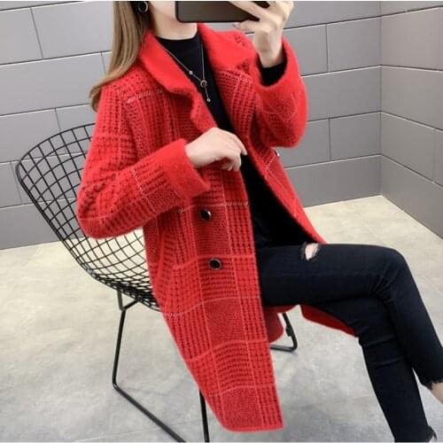 Imitation Mink Jacket Women Mid-Length Autumn Winter Coat Plaid Thick Knit Sweater Cardigan Female Windbreaker Outerwear