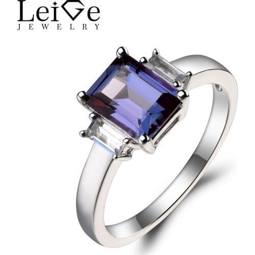 Leige Jewelry Promise Ring Alexandrite Ring Emerald Cut Color Changing Gemstone June Birthstone Solid 925 Sterling Silver Ring