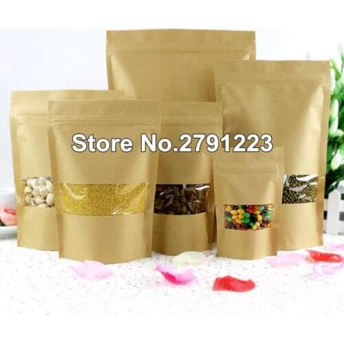 100pcs Zipper lock Kraft Paper Window Bag Stand up Gift Dried Food Fruit Tea packaging Pouches Self Sealing Bags Free Shipping