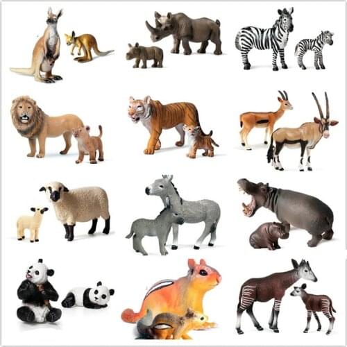 2pcs/Set Simulation Wild Animal Mother Baby Suit Action Figure Model Kangaroo Fox Donkey Mini Figurine Educational Toys For Kids