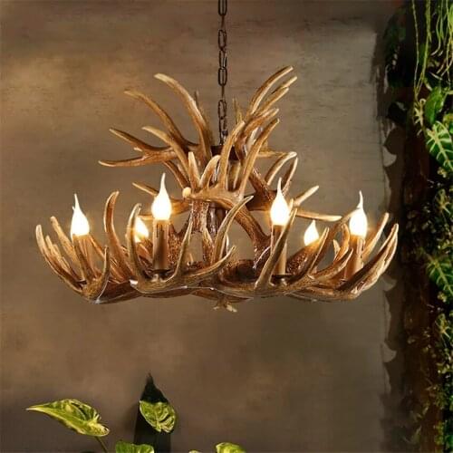 American Retro Deer LED Chandelier Ceiling Modern Resin Antlers Lights Lighting Living Room Bedroom Antique Decor Hanging Lamp