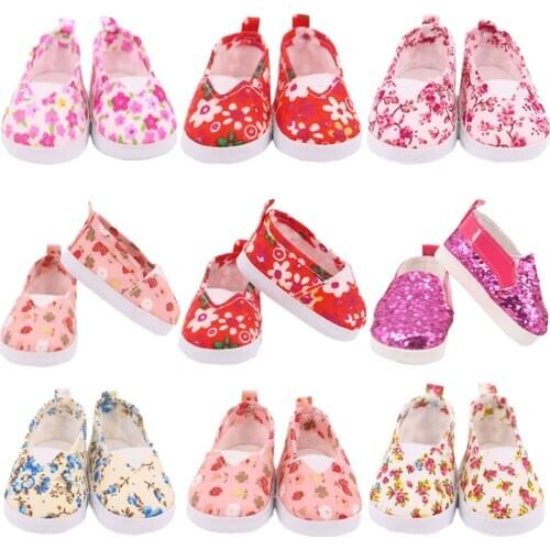 FreeShipping Doll Canvas Shoes Printed Flowers Shoes For 18 Inch American&43 Cm Baby New Born Doll Our Generation Girl`s Toy DIY
