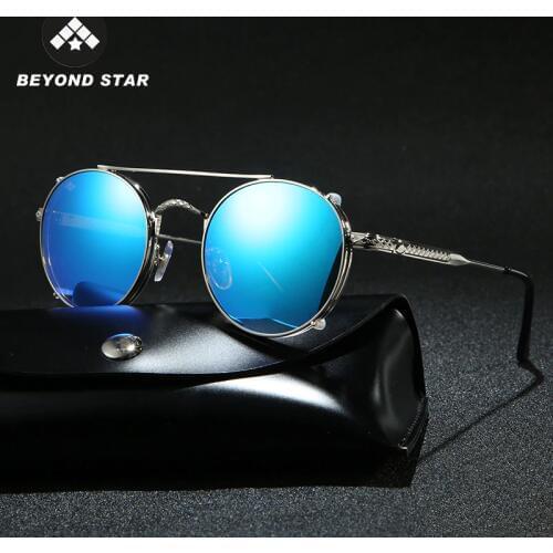 BEYONDSTAR Carved Retro Steampunk Round Sunglasses Men Vintage Blue Mirror Sun Glasses Brand Designer Women Gafas Hombre G28085