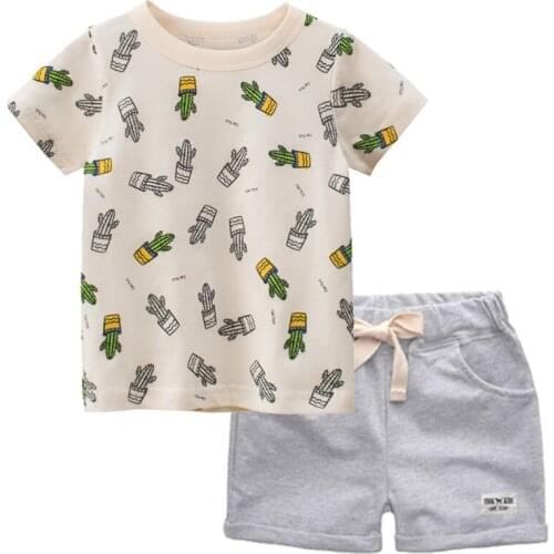 BINIDUCKLING Kids Boys Short Sets For Summer Fashion Cactus Printed Pure Cotton T-Shirt Toddler Boys Outfits 2t 3y 4t 5t 6t 7t