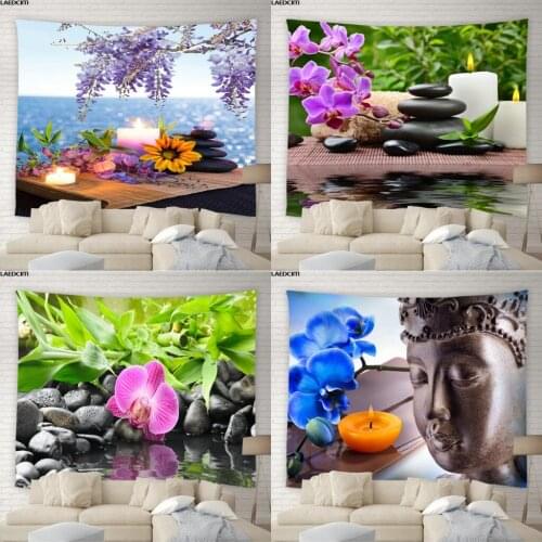Indian Zen Tapestry Bohemian Spa Wall Hanging Green Plants Stone Orchid Scenery Background Cloth Living Room Bedroom Home Decor