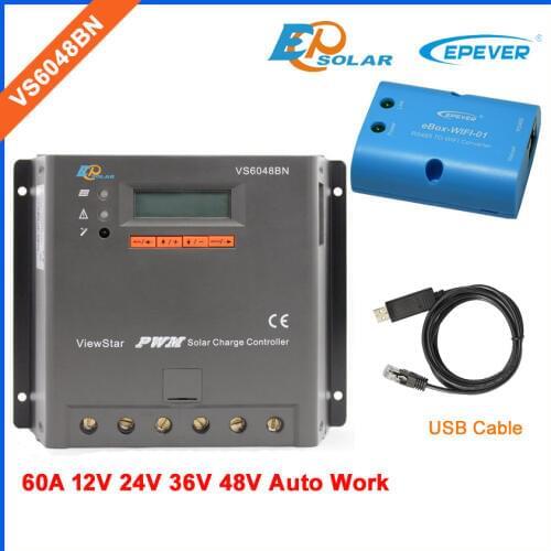 Charger controller solar 60A EPEVER product New PWM series VS6048BN Wifi eBOX and USB cable for communication function lcd