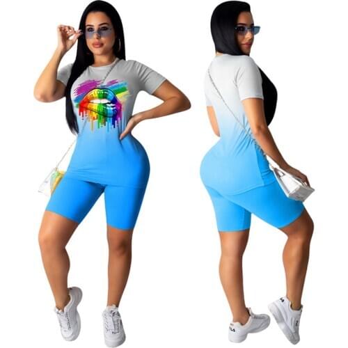 2020 Summer Women Tracksuit Gradient Lips Print Plus Size Two Piece Set Top and Biker Shorts Lounge Wear Outfits Matching Sets