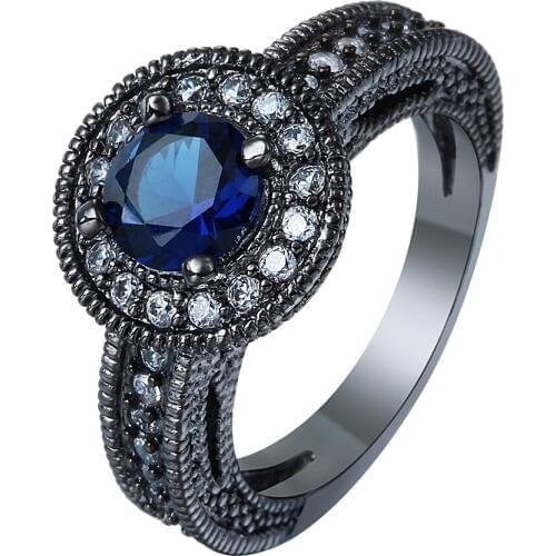Round circle royal blue vintage black gun promise Rings trendy jewelry christmas gif czech zircon Engagement Ring for women