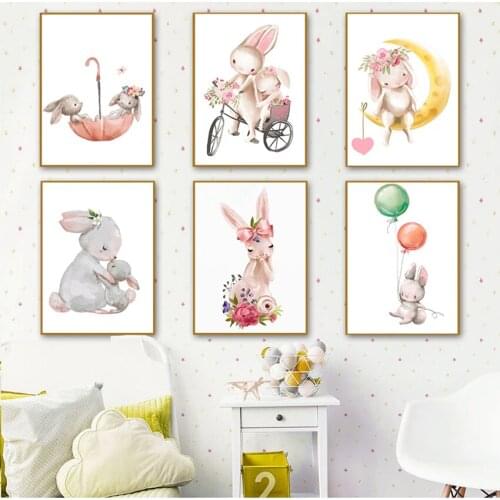 Wall Art Pictures Baby Room Baby Rabbit Canvas Painting Animal Print Pink Balloon Flower Cartoon Bunny s Nursery
