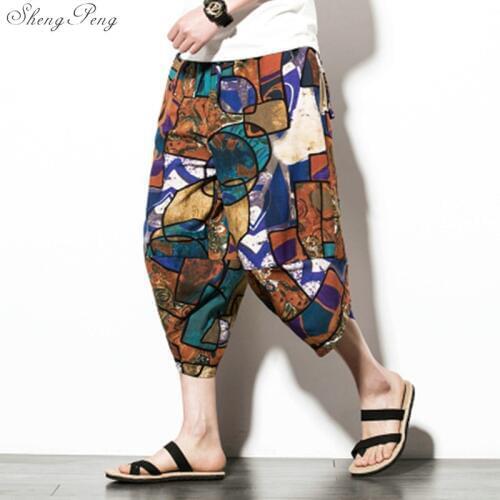 Oriental mens clothing vintage floral print summer men short pants cotton male linen pants for travel beach sea shorts Q037