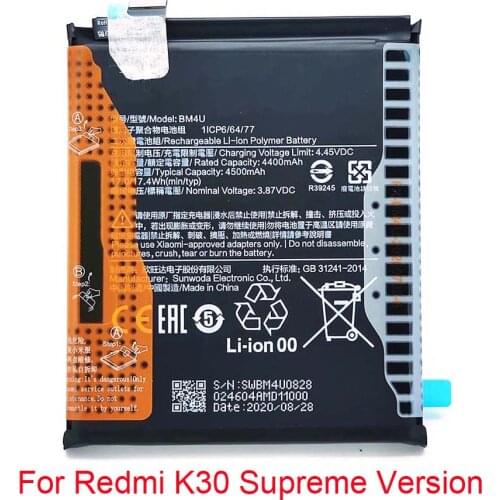 Original BM4U Battery for redmi k30 Supreme Version support fast charge with 4400mAh capacity including battery adhesive