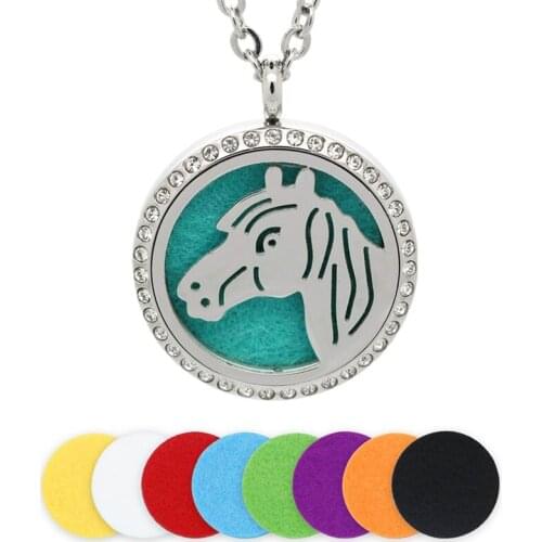 30MM Aromatherapy Necklace Silver Magnetic Horse Head Stainless Steel Essential Oil Diffuser Locket Necklace Crystal Pendant