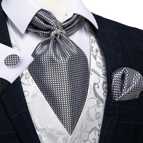 New Design Men Ascot Tie With Ring Silver Check Wedding Formal Cravat Silk Self British Style Neck Tie Handkerchief Set DiBanGu