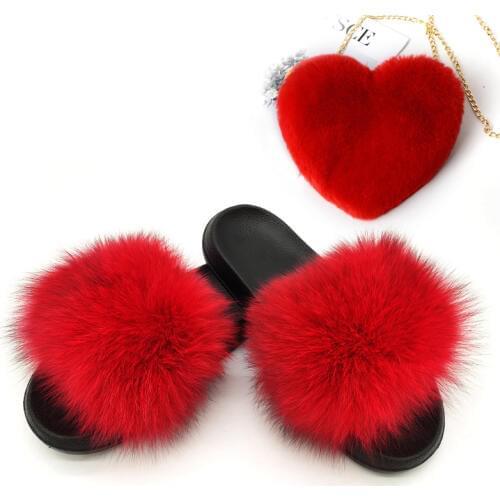 Real Fox Fur Slides Womens Fashion Heart Faux Rex Rabbit Fur Purse Set Female Casual Fox Hair Slippers Adjustable Shoulder Bags