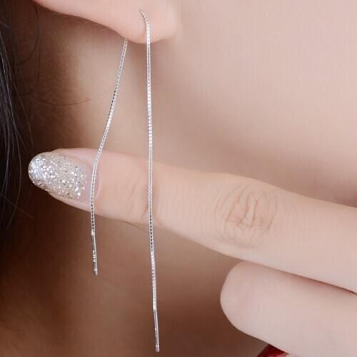 Vintage Silver Color Bar Long Thread Tassel Drop Earrings for Women Glossy Geometric Korean Earring Fashion Jewelry 2021 New